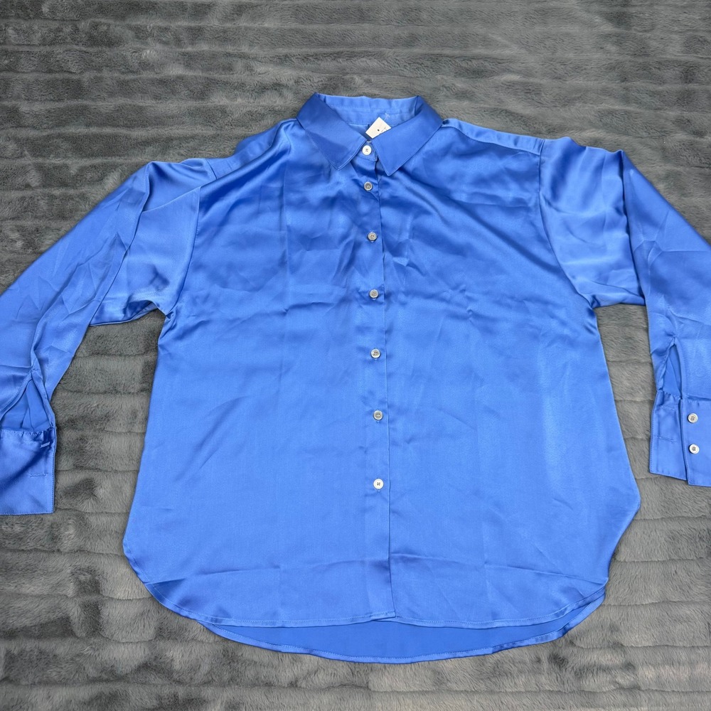 LOFT Womens Royal Blue Satin Button Down Shirt Long Sleeve Blouse Small 35774990
